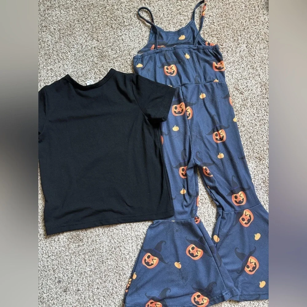 SHEIN Girls Halloween Bundle Flare Spaghetti Strap Jumpsuit Graphic Tee Sz 5